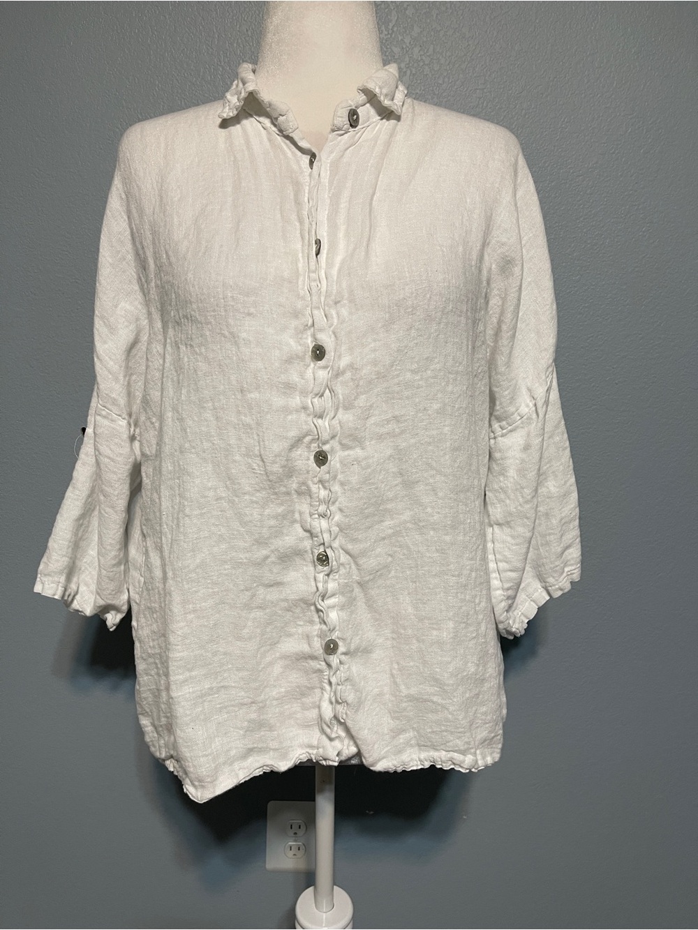 100% Lino Made in Italy White Linen Button Down Shirt Women’s XL Lagenlook Chic
